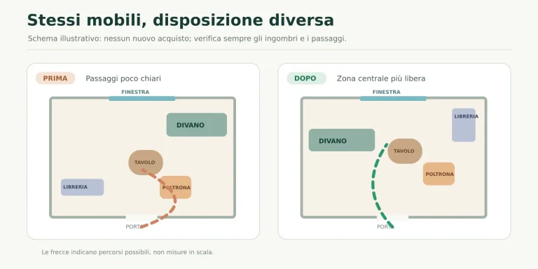Schema illustrativo della stessa stanza prima e dopo uno spostamento dei mobili esistenti