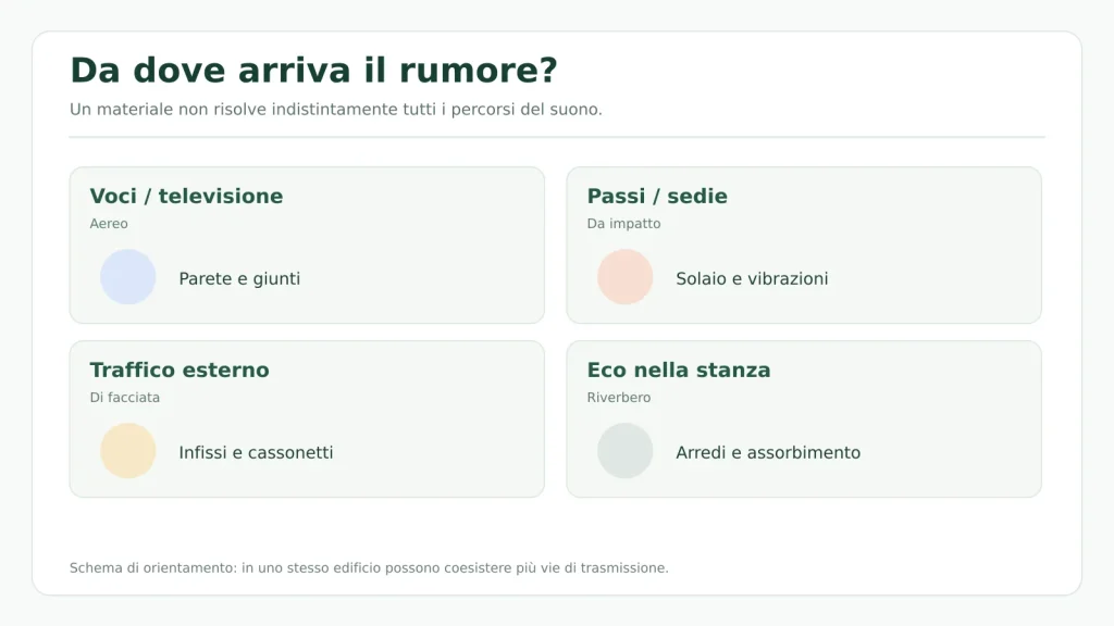 Schema delle principali tipologie di rumore in casa: aereo, da impatto, traffico e riverbero