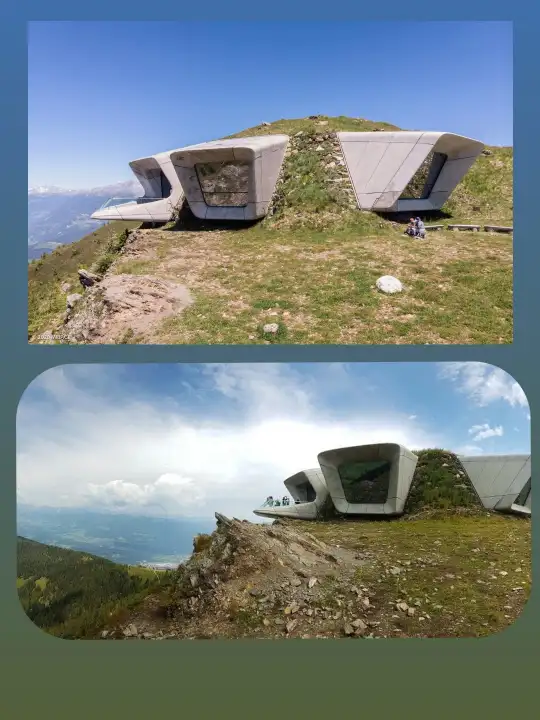 Messner Mountain Museum Corones sul Plan de Corones in Alto Adige, padiglioni scultorei bianchi incastonati nella roccia con vista panoramica sulle montagne