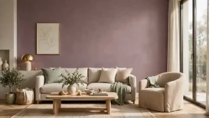 Soggiorno moderno con parete color malva e arredi neutri