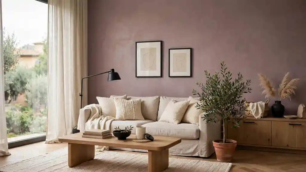 Soggiorno moderno con parete color malva e arredi neutri