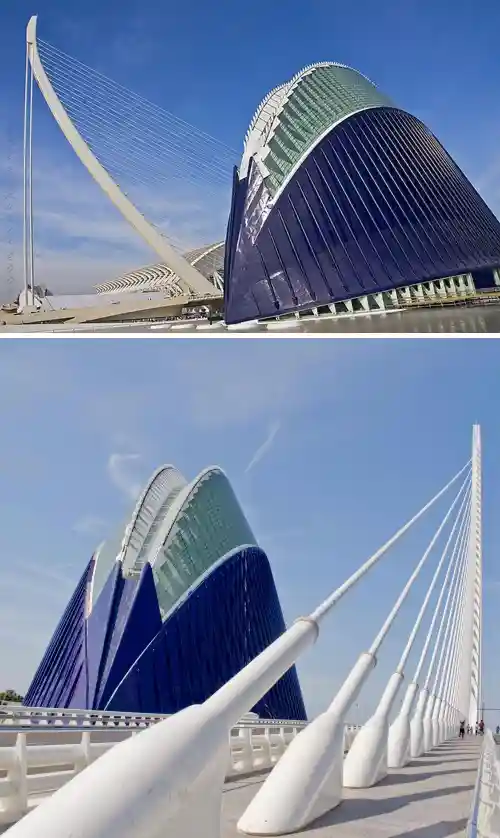 Santiago Calatrava: vela e ponte alla Città delle Arti e delle Scienze Agorà di Valencia, Struttura blu a vela della Città delle Arti e delle Scienze di Santiago Calatrava a Valencia, con il ponte sospeso dell'Assut de l'Or sullo sfondo