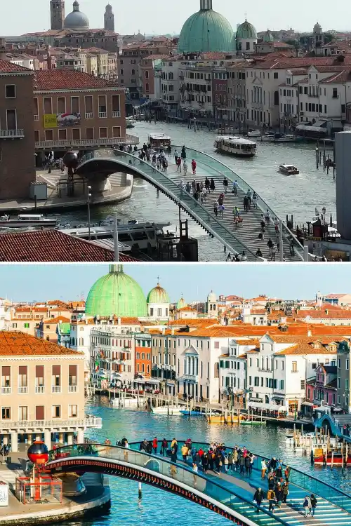 Santiago Calatrava: Ponte della Costituzione a Venezia Ponte della Costituzione di Santiago Calatrava a Venezia, ponte pedonale in vetro e acciaio sul Canal Grande affollato di passanti