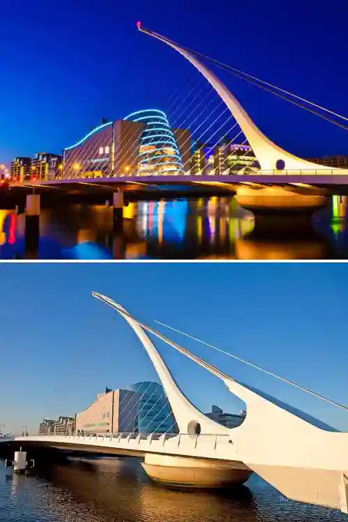 Santiago Calatrava: Samuel Beckett Bridge a Dublino Samuel Beckett Bridge di Santiago Calatrava a Dublino, ponte strallato a forma di arpa illuminato di sera sul fiume Liffey