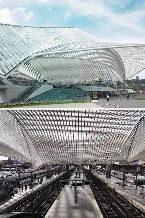 Santiago Calatrava: Stazione di Liegi-Guillemins Stazione di Liegi-Guillemins di Santiago Calatrava, con grande copertura curva in acciaio e vetro vista dall'esterno e lungo i binari
