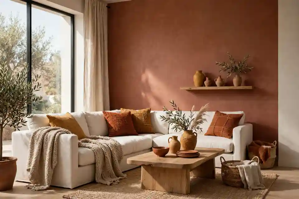 Colori caldi per il soggiorno: parete terracotta opaca in stile mediterraneo contemporaneo Soggiorno mediterraneo con parete principale color terracotta opaca tra i colori caldi più amati, divano avorio e cuscini ocra e ruggine