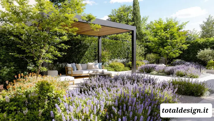 Giardino residenziale moderno in Italia con lavanda in fiore, siepi sempreverdi e zona lounge ombreggiata in un pomeriggio estivo soleggiato