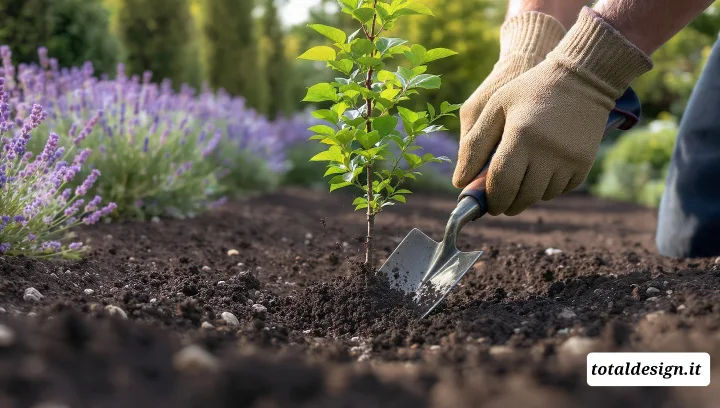 Primo piano delle mani di un paesaggista che pianta un giovane arbusto in un terreno organico scuro e fertile
