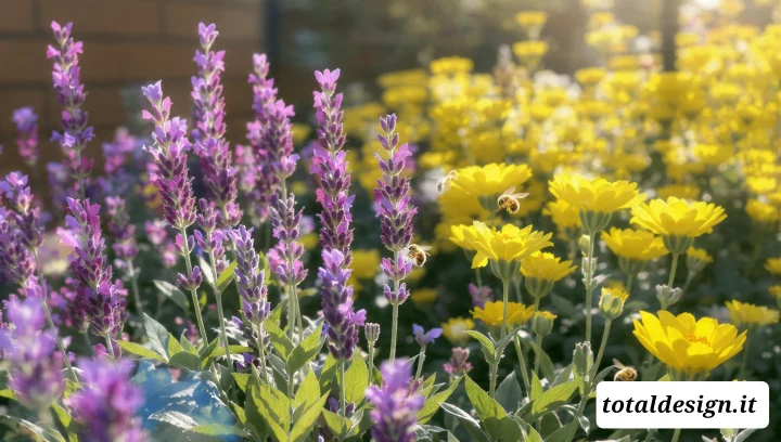 Macrofotografia di lavanda viola e fiori gialli Bidens con api che impollinano alla luce del sole in giardino