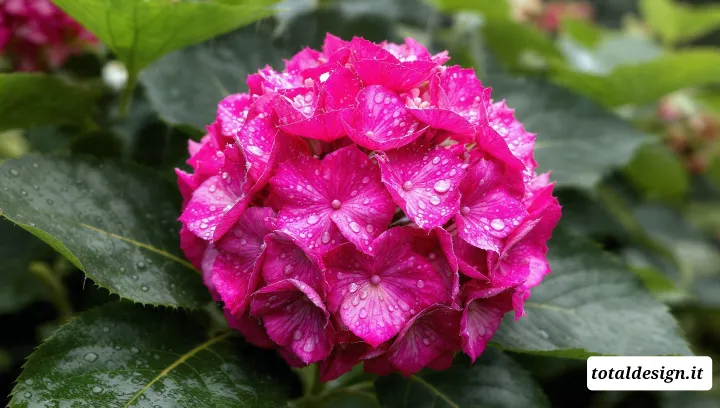 Primo piano di ortensia rosa con gocce d'acqua sui petali e foglie verde scuro sullo sfondo