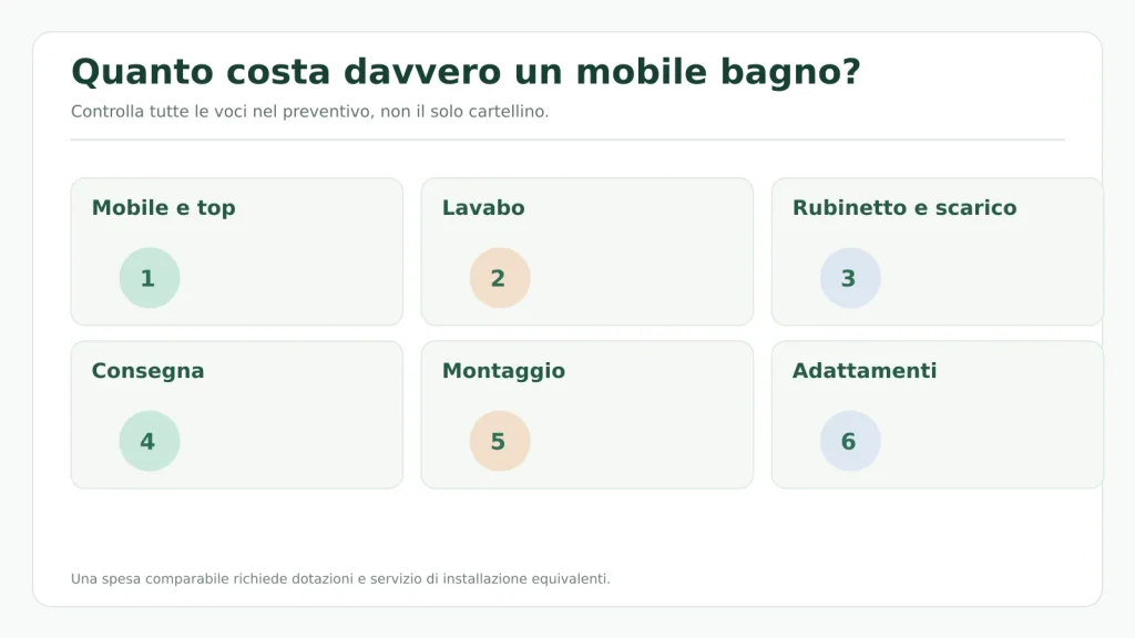 Checklist grafica di mobile, lavabo, rubinetto, scarico, consegna e posa