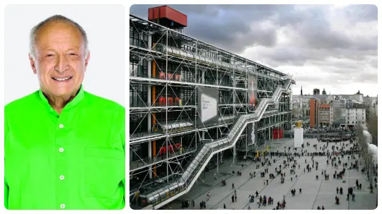 Collage di due immagini: a sinistra ritratto di Richard Rogers con camicia verde brillante, a destra il Centre Pompidou a Parigi con la struttura in acciaio a vista e le scale tubolari esterne