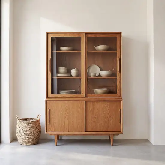 Credenza vintage Portobello Maisons du Monde in legno di quercia con 2 ante scorrevoli a vetro, 120 cm, gambe a compasso