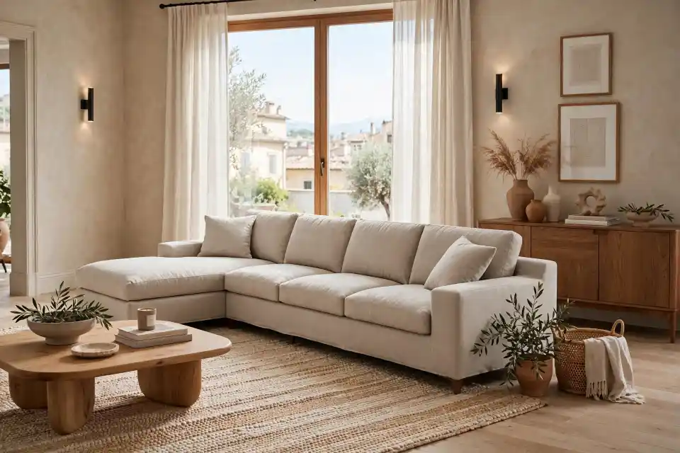 Divano angolare Maisons du Monde in soggiorno luminoso Divano angolare Maisons du Monde in tessuto beige con cuscini abbinati, in un soggiorno luminoso con grande finestra affacciata su tetti e ulivi, madia in legno e tappeto in fibra naturale