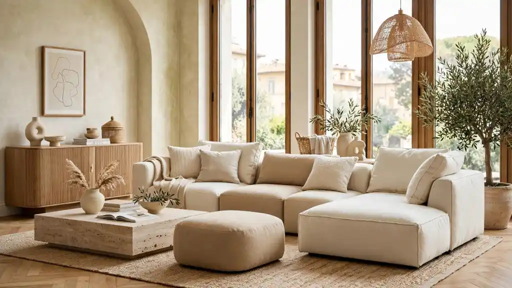 Divano angolare Maisons du Monde in soggiorno luminoso Divano angolare Maisons du Monde in tessuto beige con cuscini abbinati, in un soggiorno luminoso con grande finestra affacciata su tetti e ulivi, madia in legno e tappeto in fibra naturale