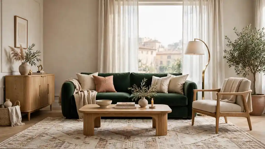 Divano Maisons du Monde in velluto verde per il soggiorno Divano Maisons du Monde in velluto verde scuro con cuscini beige e terracotta, in un soggiorno con poltrona in legno, tavolino basso e vista sui tetti della città attraverso tende in lino