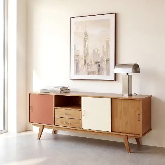 Madia Laurette Maisons du Monde a 3 ante e 2 cassetti in legno di pino, ante bicolore terracotta e bianco, gambe a compasso