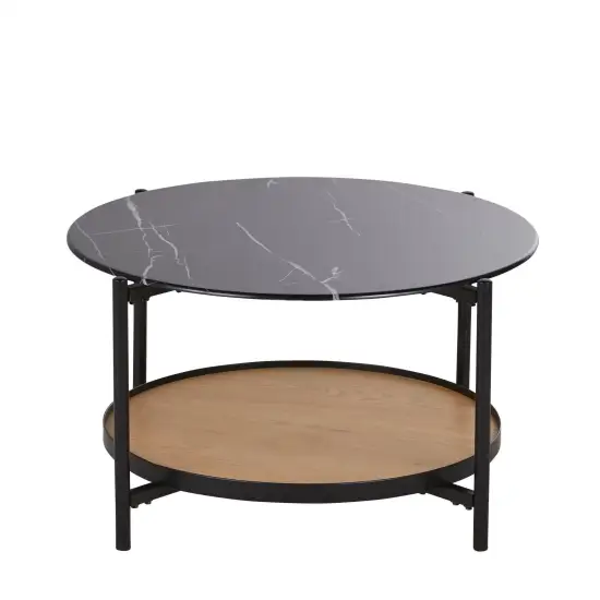 Tavolino da salotto Stona Maisons du Monde ø75 cm con piano in vetro effetto marmo nero, struttura in metallo nero e ripiano inferiore in legno