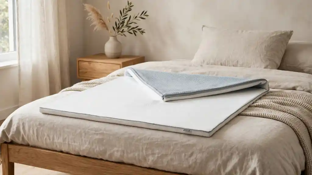 Topper materasso IKEA a doppio strato per un comfort su misura Topper materasso IKEA a doppio strato, bianco e grigio traspirante, piegato a metà su un letto con lenzuola beige, in una camera con comodino in legno e vaso di ulivo
