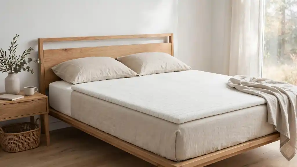 Topper materasso IKEA trapuntato in camera da letto naturale Topper materasso IKEA trapuntato color avorio su letto matrimoniale in legno chiaro, con testiera a listelli, cuscino in lino e ramo di ulivo su comodino