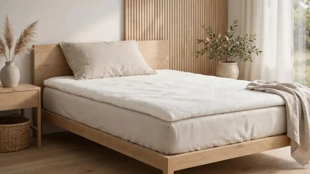 Topper materasso IKEA trapuntato in camera da letto naturale Topper materasso IKEA trapuntato color avorio su letto matrimoniale in legno chiaro, con testiera a listelli, cuscino in lino e ramo di ulivo su comodino
