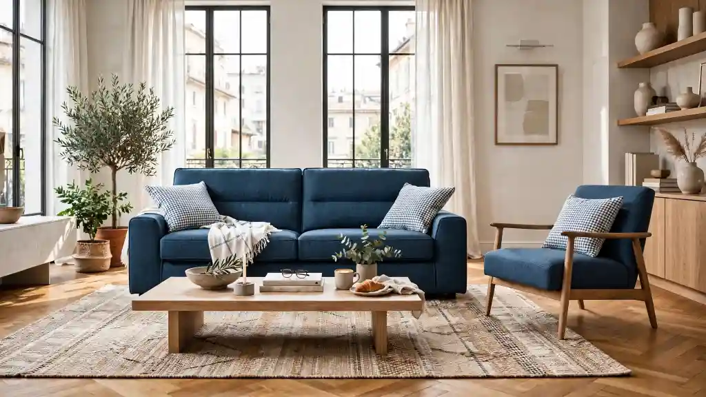 Divano blu Poltrone e Sofà Divano blu e poltrona coordinata in stile Poltrone e Sofà in soggiorno moderno.