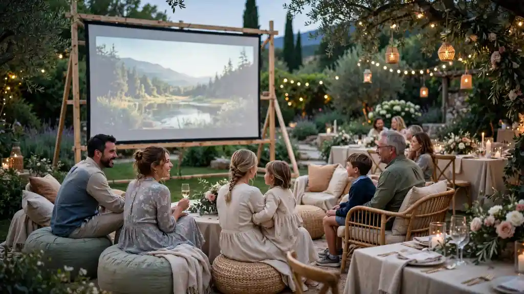 Ospiti seduti su pouf e sedie mentre guardano un film proiettato su grande schermo in un matrimonio serale all’aperto, con luci decorative, fiori e atmosfera accogliente, idea originale di intrattenimento per un matrimonio.