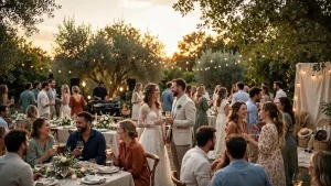 DJ che anima un matrimonio all’aperto al tramonto, con tavoli decorati, ospiti eleganti e luci sospese che creano un’atmosfera festosa, esempio di intrattenimento per un matrimonio basato sulla musica