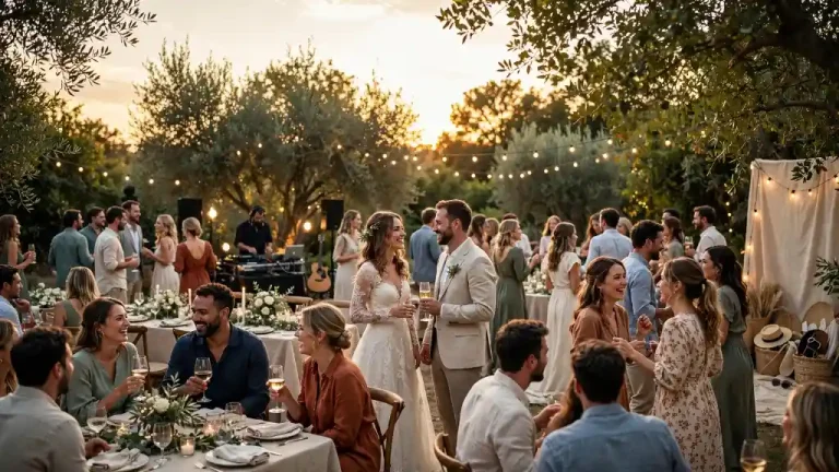 DJ che anima un matrimonio all’aperto al tramonto, con tavoli decorati, ospiti eleganti e luci sospese che creano un’atmosfera festosa, esempio di intrattenimento per un matrimonio basato sulla musica