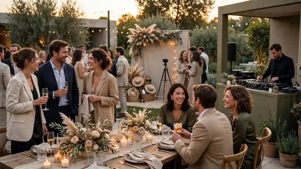 Ospiti che brindano attorno a un lungo tavolo decorato durante un matrimonio all’aperto al tramonto, con DJ sullo sfondo e atmosfera festosa, esempio di intrattenimento per un matrimonio che coinvolge tutti.