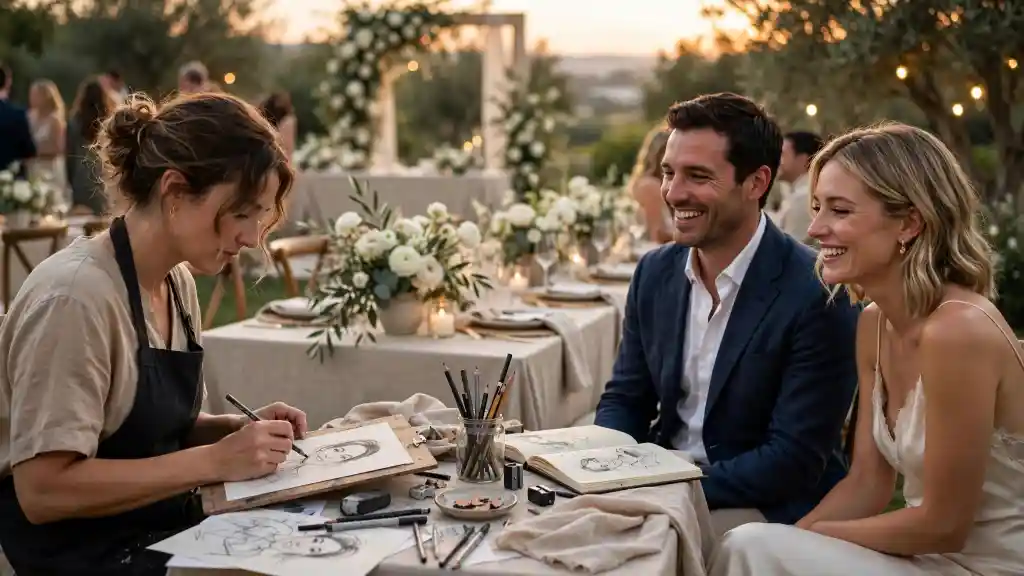 Artista che disegna ritratti dal vivo durante un matrimonio all’aperto al tramonto, con coppia seduta, tavoli decorati e atmosfera elegante, idea creativa di intrattenimento per un matrimonio.