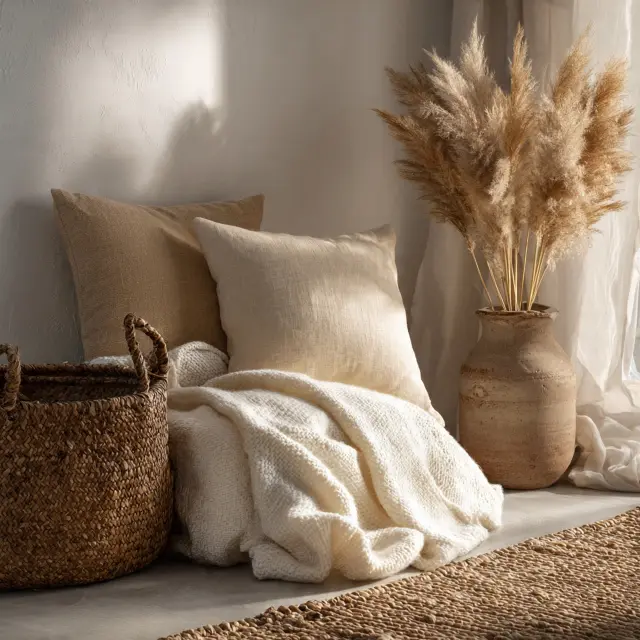 Angolo relax casa al mare con cuscini in lino, plaid crema, cesto in juta e vaso con pampas essiccata