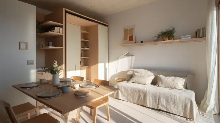 Soggiorno pranzo compatto casa al mare con tavolo in legno, divano in lino e libreria integrata salvaspazio