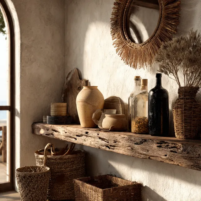 Mensola in legno grezzo con vasi in terracotta, bottiglie e ceste in vimini, specchio in rafia, interni casa al mare