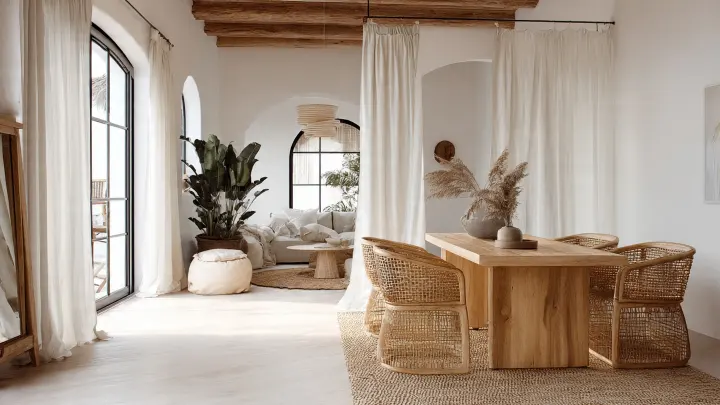 Zona pranzo casa al mare in stile mediterraneo con tavolo in legno e sedie in rattan, tende in lino