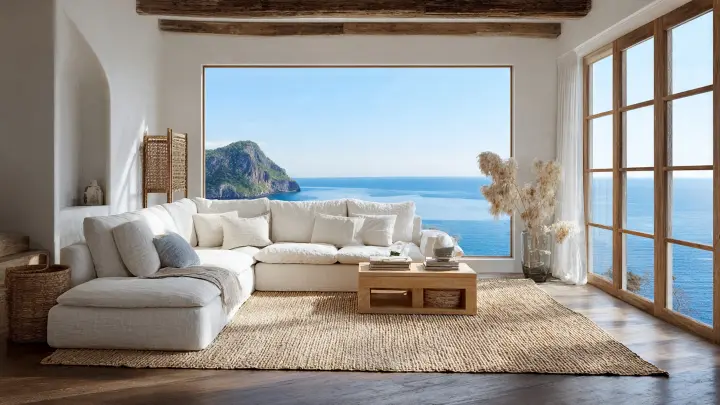 Salotto minimal casa al mare con divano angolare bianco, tappeto in juta e grande vetrata vista oceano