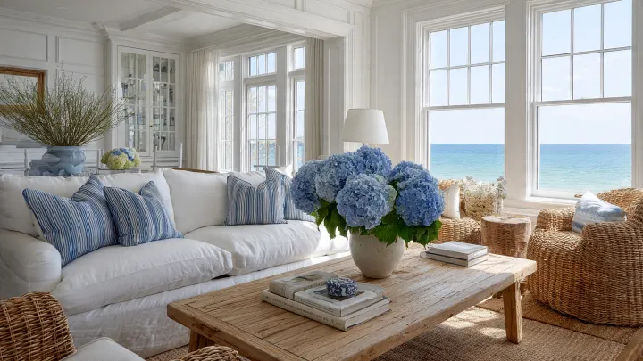 Salotto casa al mare stile Hamptons con divano bianco, cuscini blu a righe, poltrone in rattan e vista oceano