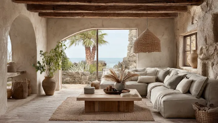 Salotto rustico casa al mare con pareti in pietra, travi in legno, divano in lino e vista mare con palma