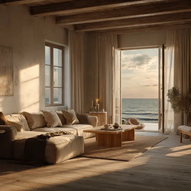 Salotto casa al mare al tramonto con divano in lino, tavolino in legno e vista oceano dalle porte-finestre aperte