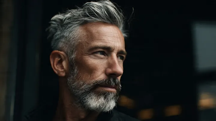 Uomo moderno over 50 con capelli sale e pepe e taglio corto texturizzato. Barba curata, stile elegante contemporaneo. Fotografia editoriale di moda maschile con luce naturale cinematografica e sfondo urbano sofisticato.