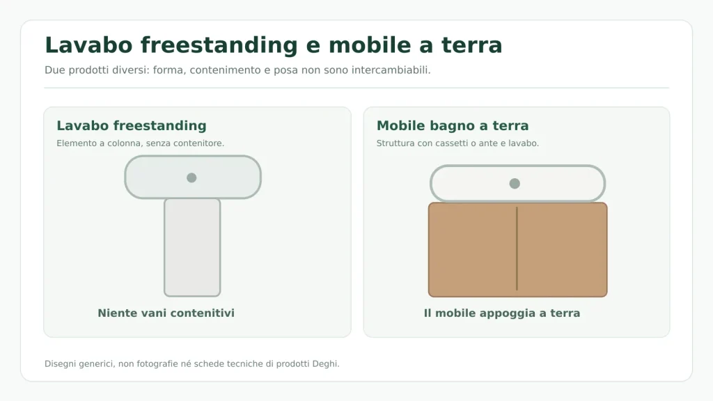 Confronto illustrato tra lavabo freestanding a colonna e mobile bagno a terra con lavabo