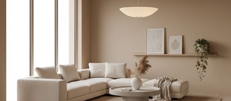 Soggiorno minimal con pareti color sabbia, divano angolare beige, tavolino rotondo in legno chiaro, lampada sospesa e decorazioni naturali come pampas. Atmosfera luminosa con palette toni sabbiati beige e taupe