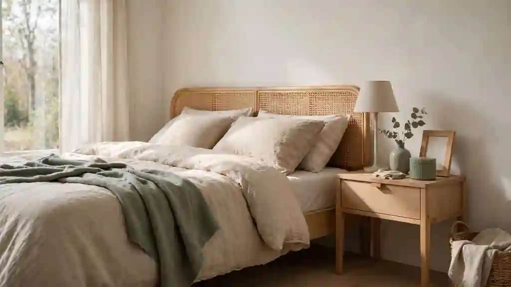 Soprammobili camera da letto IKEA stile naturale Comodino in legno con lampada beige, vaso verde con eucalipto e cornice decorativa, esempio di soprammobili camera da letto IKEA in stile naturale e minimalista.