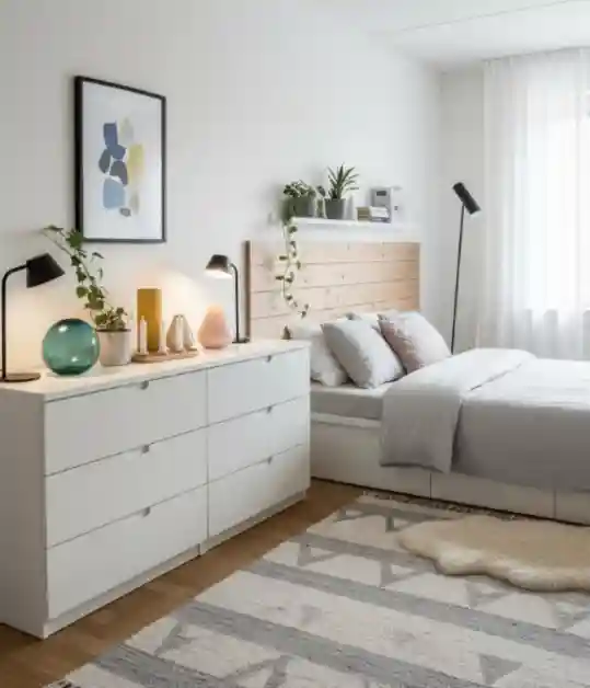 Soprammobili camera da letto IKEA su mensola e cassettiera Camera da letto con mensola sopra il letto e cassettiera bianca decorate con vasi, lampade, piante e quadro astratto, esempio di soprammobili camera da letto IKEA in stile scandinavo