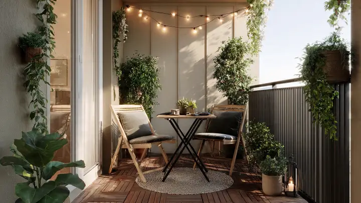 Balcone con set pieghevole, tappeto e luci a bulbo Balcone piccolo con tavolino e sedie pieghevoli, tappeto rotondo, piante e luci a bulbo sospese