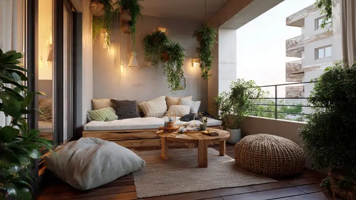 Balcone in stile boho con divano e piante sospese Balcone piccolo arredato in stile boho con divano in legno, tavolino rotondo, pouf e piante sospese con luci