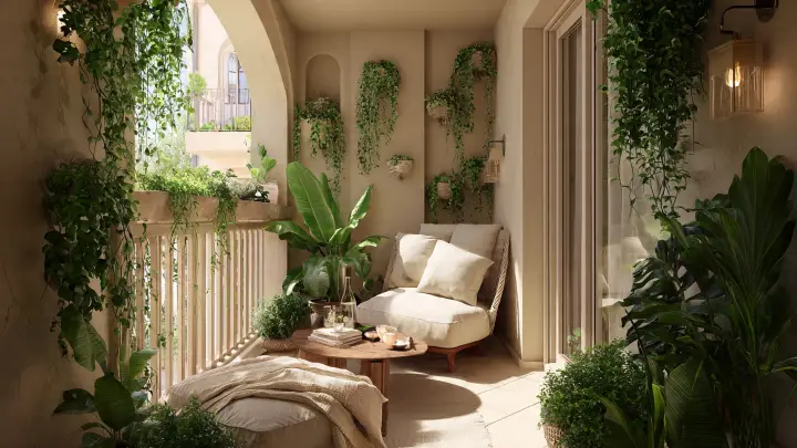 Balcone mediterraneo con arco e piante a cascata Balcone piccolo in stile mediterraneo con poltrona bianca, arco in pietra e piante rampicanti a cascata