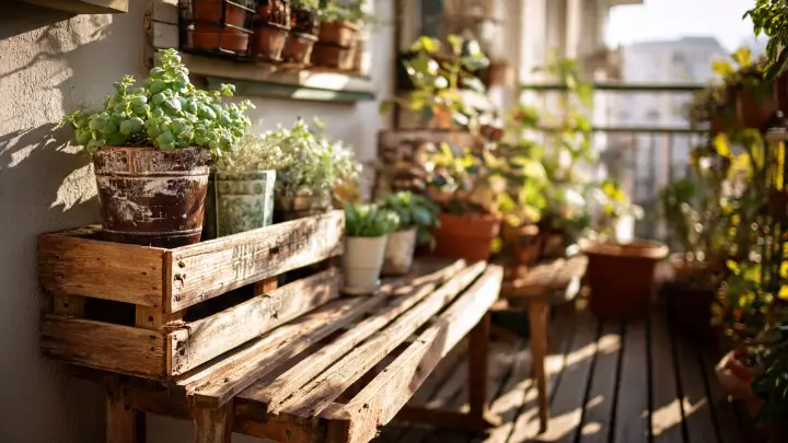 Balcone rustico con panca in legno riciclato Balcone piccolo con panca ricavata da cassette di legno riciclate e vasi di erbe aromatiche e piante