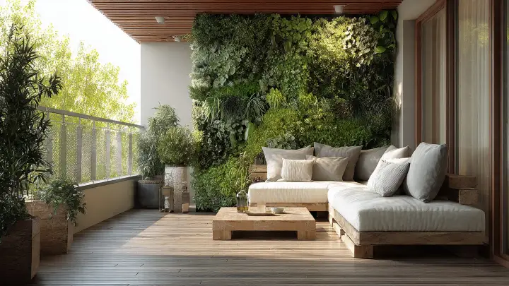 Balcone con divano ad angolo e giardino verticale Balcone piccolo con divano ad angolo, cuscini chiari, tavolino in legno e grande parete verde verticale
