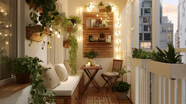 Balcone serale con panca contenitore e luci a bulbo Balcone piccolo di sera con panca contenitore imbottita, pannello in legno con mensole e tante luci a bulbo